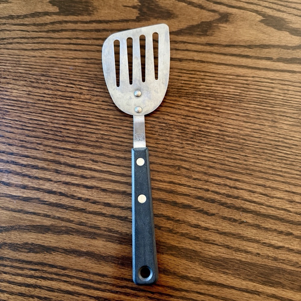 Vintage Ekco Forge Short Spatula 9" Stainless Slotted Flipper Turner Black USA